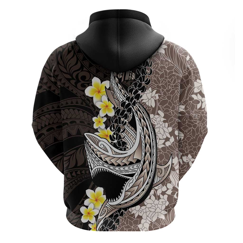 Brown and Black Hawaii Shark Tattoo Zip Hoodie Puakenikeni Lei Plumeria Polynesian Pattern LT14 - Polynesian Pride