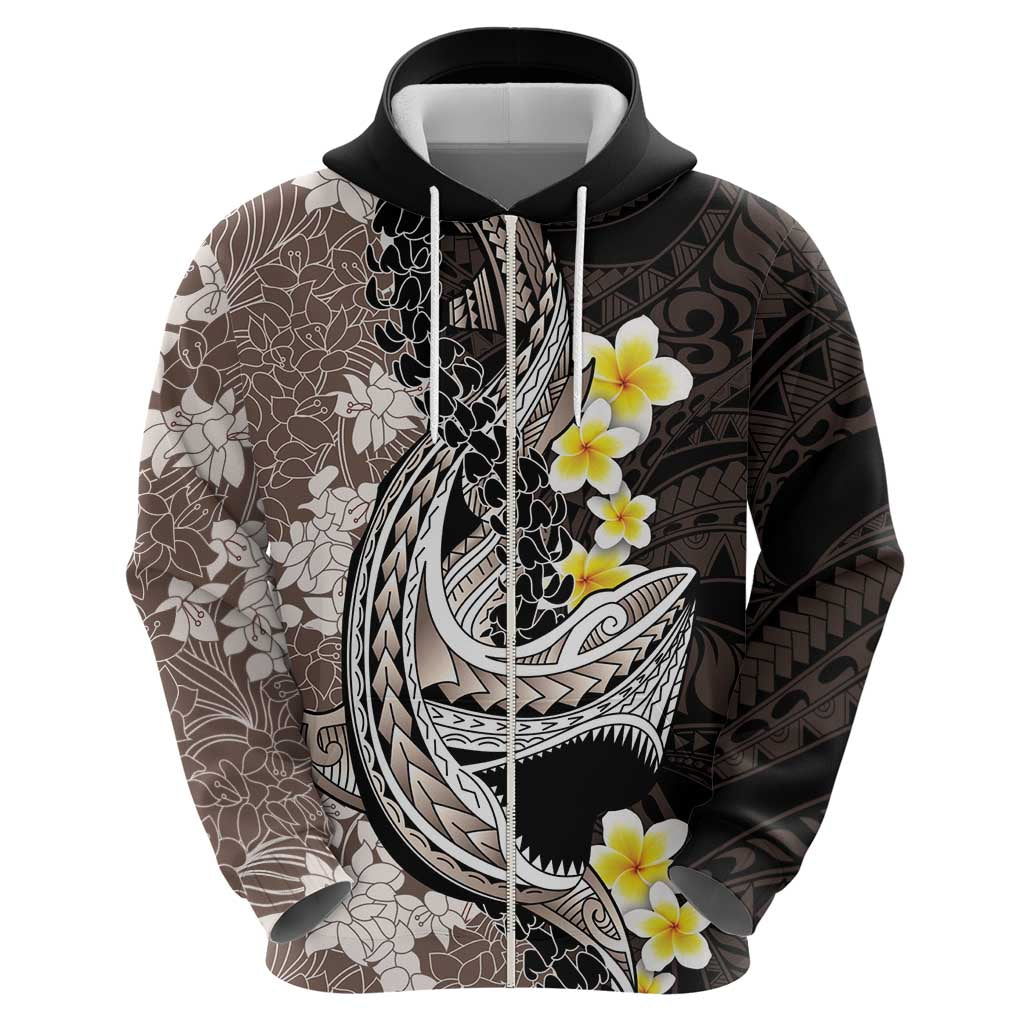 Brown and Black Hawaii Shark Tattoo Zip Hoodie Puakenikeni Lei Plumeria Polynesian Pattern LT14 - Polynesian Pride