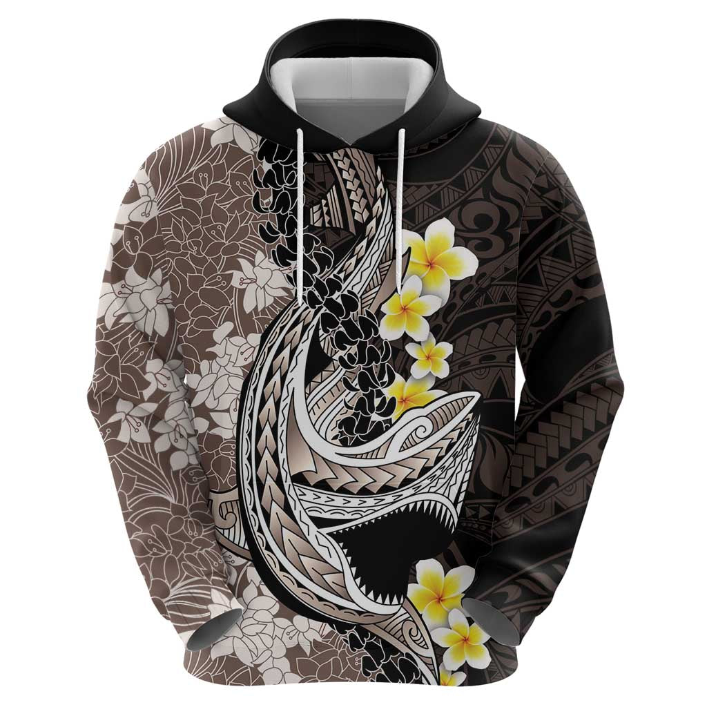 Brown and Black Hawaii Shark Tattoo Zip Hoodie Puakenikeni Lei Plumeria Polynesian Pattern LT14 - Polynesian Pride