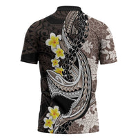 Brown and Black Hawaii Shark Tattoo Zipper Polo Shirt Puakenikeni Lei Plumeria Polynesian Pattern LT14 - Polynesian Pride