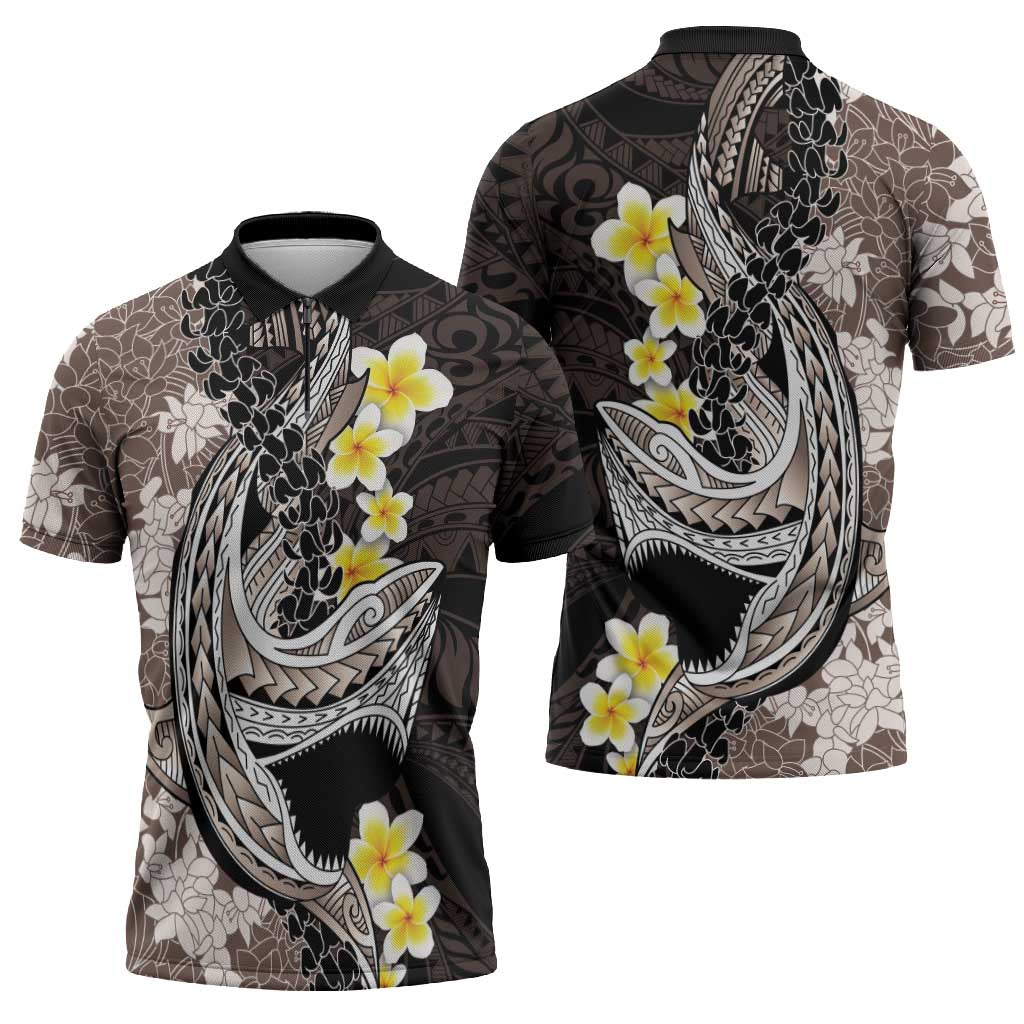 Brown and Black Hawaii Shark Tattoo Zipper Polo Shirt Puakenikeni Lei Plumeria Polynesian Pattern LT14 - Polynesian Pride