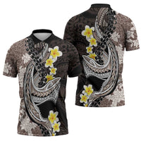 Brown and Black Hawaii Shark Tattoo Zipper Polo Shirt Puakenikeni Lei Plumeria Polynesian Pattern LT14 - Polynesian Pride