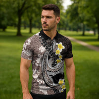 Brown and Black Hawaii Shark Tattoo Zipper Polo Shirt Puakenikeni Lei Plumeria Polynesian Pattern LT14 - Polynesian Pride