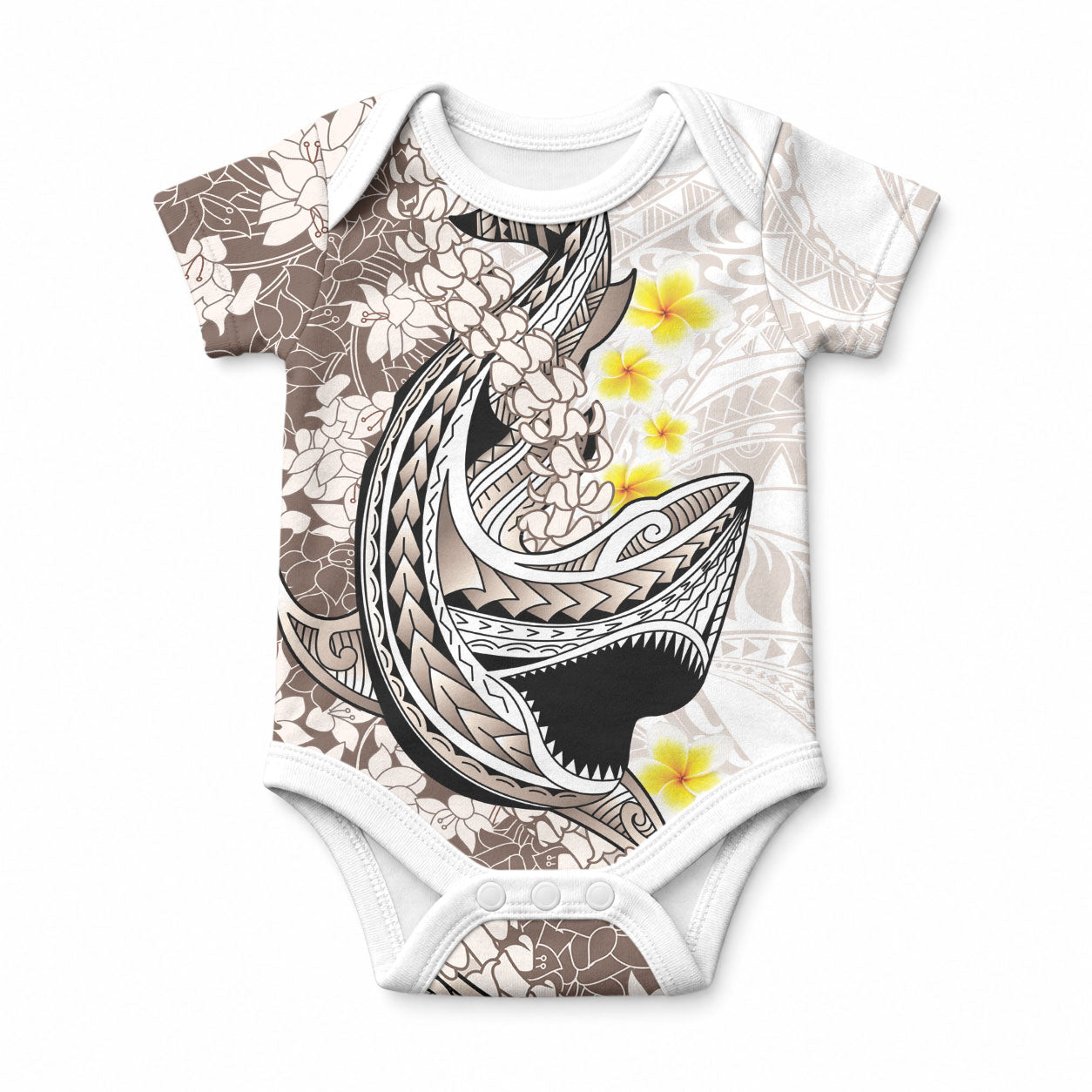 Brown and White Hawaii Shark Tattoo Baby Onesie Puakenikeni Lei Plumeria Polynesian Pattern