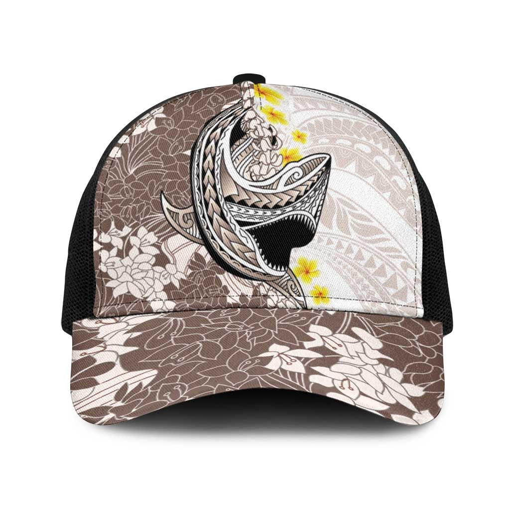 Brown and White Hawaii Shark Tattoo Baseball Net Cap Puakenikeni Lei Plumeria Polynesian Pattern - Polynesian Pride