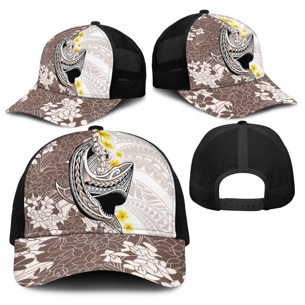 Brown and White Hawaii Shark Tattoo Baseball Net Cap Puakenikeni Lei Plumeria Polynesian Pattern - Polynesian Pride