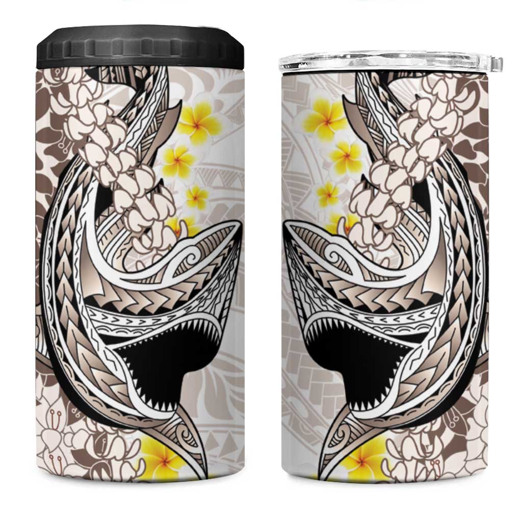 Brown and White Hawaii Shark Tattoo 4 in 1 Can Cooler Tumbler Puakenikeni Lei Plumeria Polynesian Pattern LT14 One Size: 16 oz White - Polynesian Pride