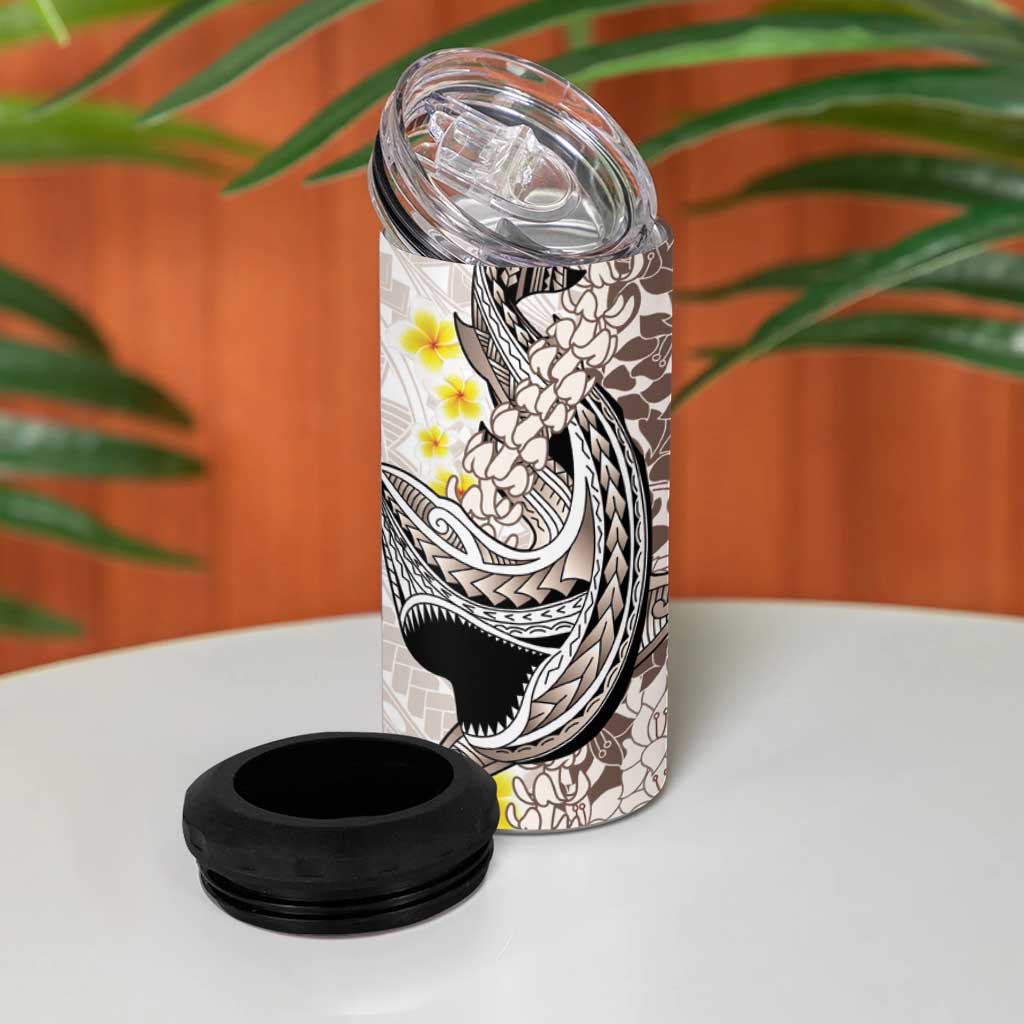Brown and White Hawaii Shark Tattoo 4 in 1 Can Cooler Tumbler Puakenikeni Lei Plumeria Polynesian Pattern LT14 - Polynesian Pride