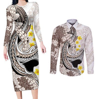 Brown and White Hawaii Shark Tattoo Couples Matching Long Sleeve Bodycon Dress and Long Sleeve Button Shirt Puakenikeni Lei Plumeria Polynesian Pattern LT14 White - Polynesian Pride