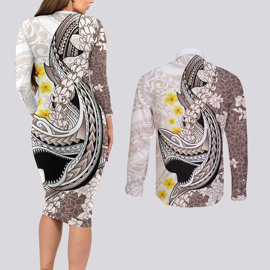 Brown and White Hawaii Shark Tattoo Couples Matching Long Sleeve Bodycon Dress and Long Sleeve Button Shirt Puakenikeni Lei Plumeria Polynesian Pattern LT14 - Polynesian Pride