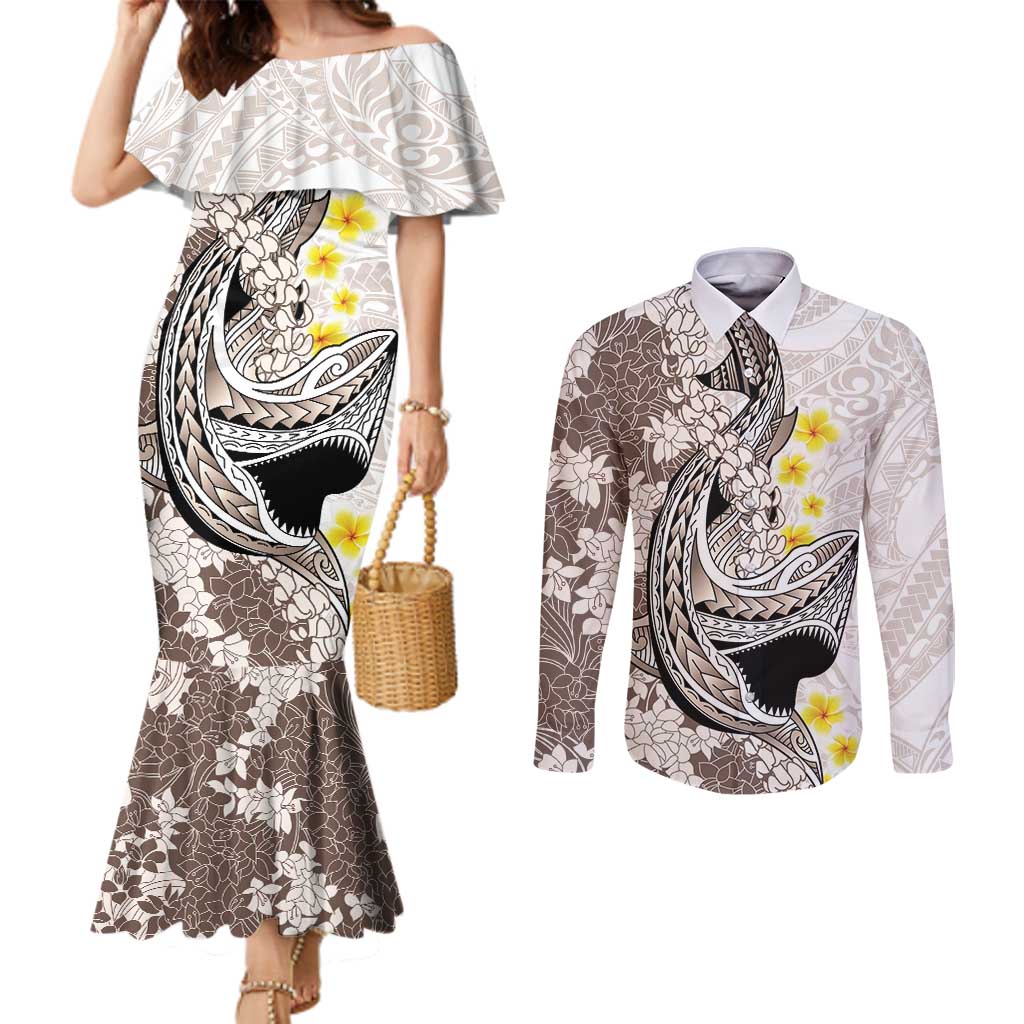 Brown and White Hawaii Shark Tattoo Couples Matching Mermaid Dress and Long Sleeve Button Shirt Puakenikeni Lei Plumeria Polynesian Pattern LT14 White - Polynesian Pride