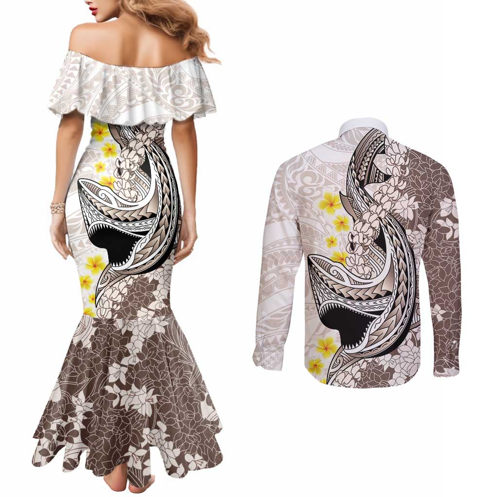 Brown and White Hawaii Shark Tattoo Couples Matching Mermaid Dress and Long Sleeve Button Shirt Puakenikeni Lei Plumeria Polynesian Pattern LT14 - Polynesian Pride