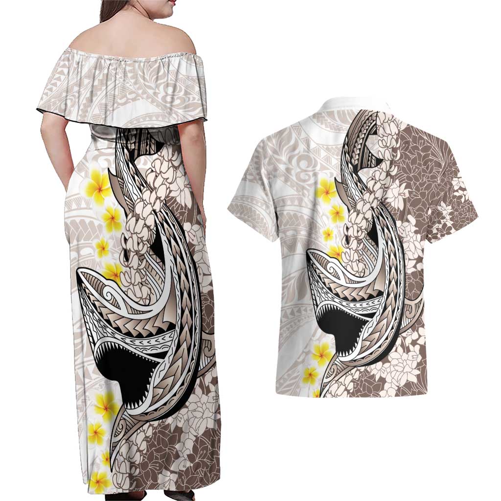Brown and White Hawaii Shark Tattoo Couples Matching Off Shoulder Maxi Dress and Hawaiian Shirt Puakenikeni Lei Plumeria Polynesian Pattern LT14 - Polynesian Pride