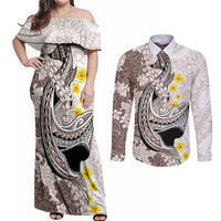 Brown and White Hawaii Shark Tattoo Couples Matching Off Shoulder Maxi Dress and Long Sleeve Button Shirt Puakenikeni Lei Plumeria Polynesian Pattern LT14 White - Polynesian Pride