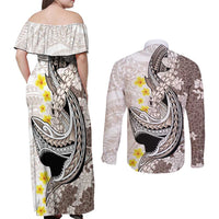 Brown and White Hawaii Shark Tattoo Couples Matching Off Shoulder Maxi Dress and Long Sleeve Button Shirt Puakenikeni Lei Plumeria Polynesian Pattern LT14 - Polynesian Pride