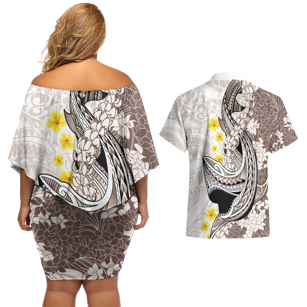Brown and White Hawaii Shark Tattoo Couples Matching Off Shoulder Short Dress and Hawaiian Shirt Puakenikeni Lei Plumeria Polynesian Pattern LT14 - Polynesian Pride