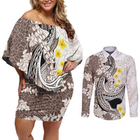 Brown and White Hawaii Shark Tattoo Couples Matching Off Shoulder Short Dress and Long Sleeve Button Shirt Puakenikeni Lei Plumeria Polynesian Pattern LT14 White - Polynesian Pride