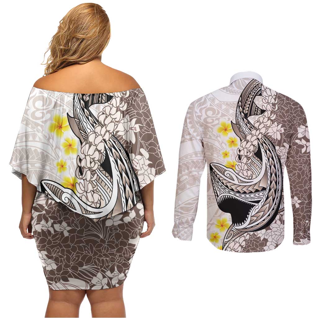 Brown and White Hawaii Shark Tattoo Couples Matching Off Shoulder Short Dress and Long Sleeve Button Shirt Puakenikeni Lei Plumeria Polynesian Pattern LT14 - Polynesian Pride