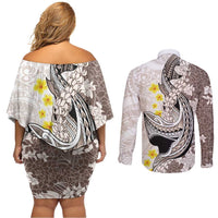 Brown and White Hawaii Shark Tattoo Couples Matching Off Shoulder Short Dress and Long Sleeve Button Shirt Puakenikeni Lei Plumeria Polynesian Pattern LT14 - Polynesian Pride