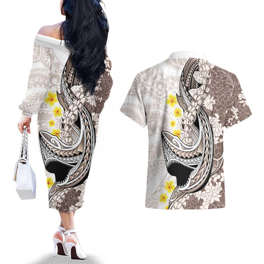 Brown and White Hawaii Shark Tattoo Couples Matching Off The Shoulder Long Sleeve Dress and Hawaiian Shirt Puakenikeni Lei Plumeria Polynesian Pattern LT14 - Polynesian Pride