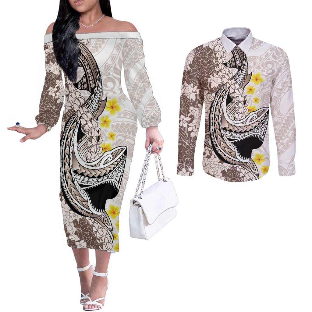 Brown and White Hawaii Shark Tattoo Couples Matching Off The Shoulder Long Sleeve Dress and Long Sleeve Button Shirt Puakenikeni Lei Plumeria Polynesian Pattern LT14 White - Polynesian Pride