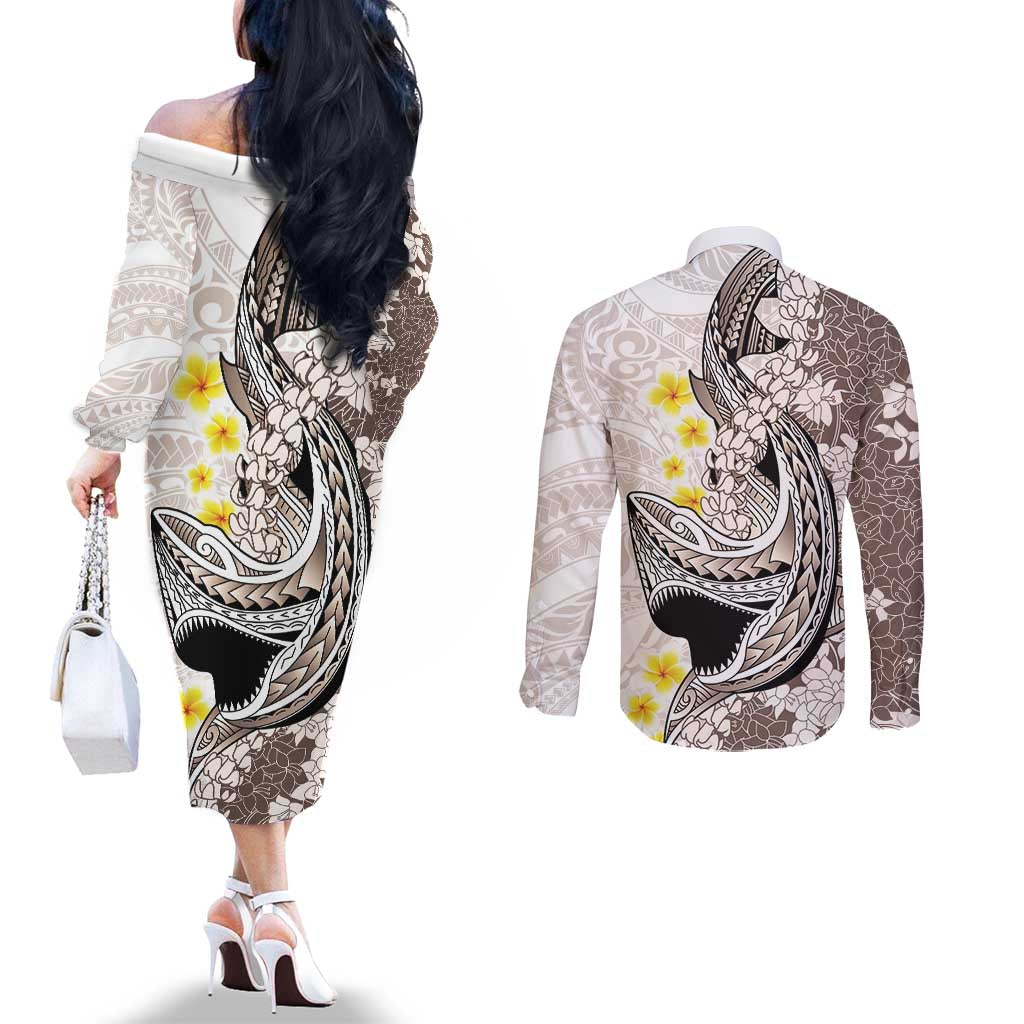 Brown and White Hawaii Shark Tattoo Couples Matching Off The Shoulder Long Sleeve Dress and Long Sleeve Button Shirt Puakenikeni Lei Plumeria Polynesian Pattern LT14 - Polynesian Pride