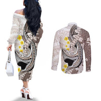 Brown and White Hawaii Shark Tattoo Couples Matching Off The Shoulder Long Sleeve Dress and Long Sleeve Button Shirt Puakenikeni Lei Plumeria Polynesian Pattern LT14 - Polynesian Pride