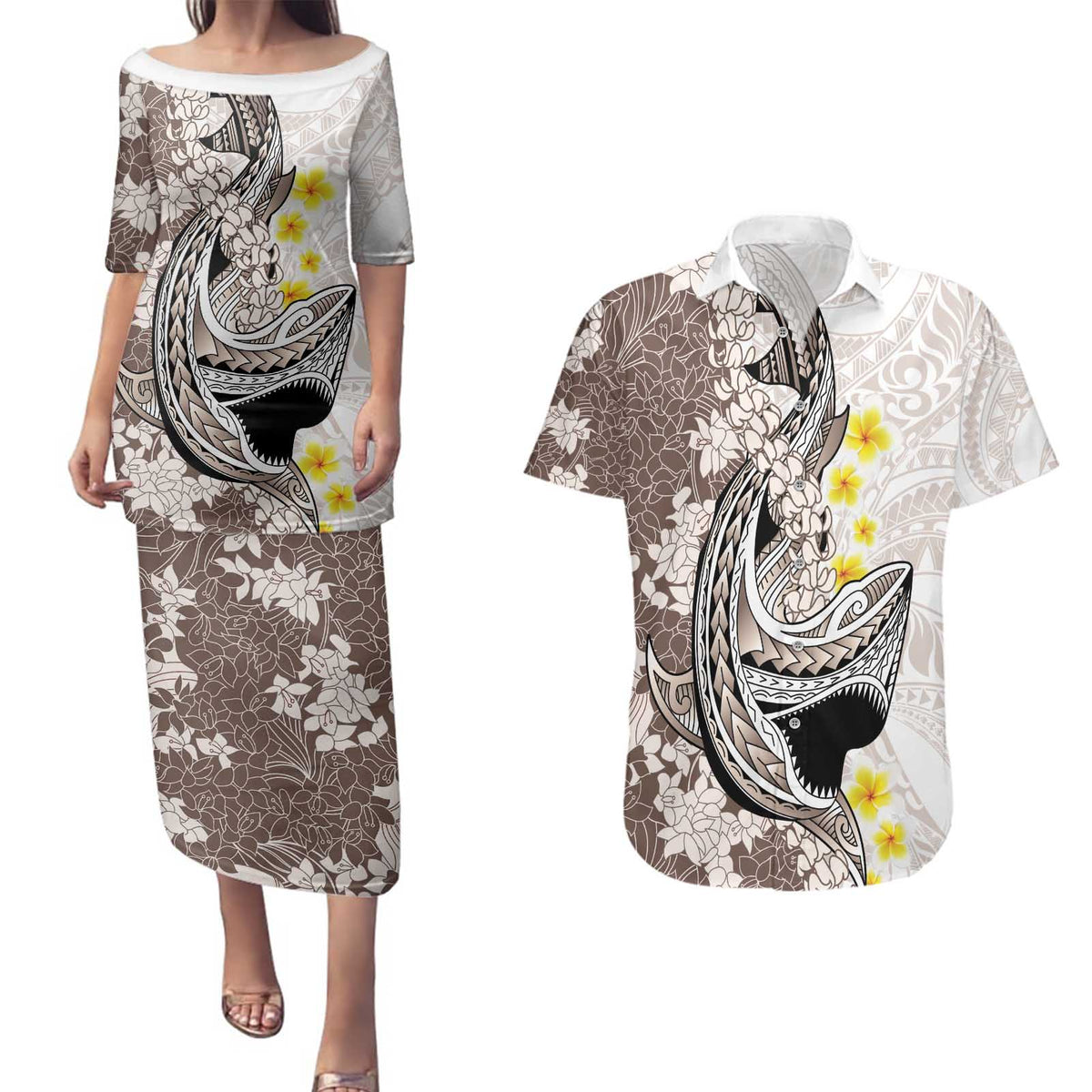 Brown and White Hawaii Shark Tattoo Couples Matching Puletasi and Hawaiian Shirt Puakenikeni Lei Plumeria Polynesian Pattern LT14 White - Polynesian Pride