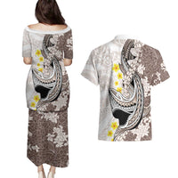 Brown and White Hawaii Shark Tattoo Couples Matching Puletasi and Hawaiian Shirt Puakenikeni Lei Plumeria Polynesian Pattern LT14 - Polynesian Pride