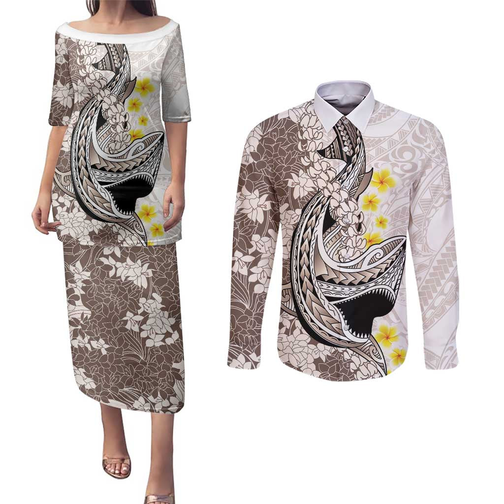 Brown and White Hawaii Shark Tattoo Couples Matching Puletasi and Long Sleeve Button Shirt Puakenikeni Lei Plumeria Polynesian Pattern LT14 White - Polynesian Pride