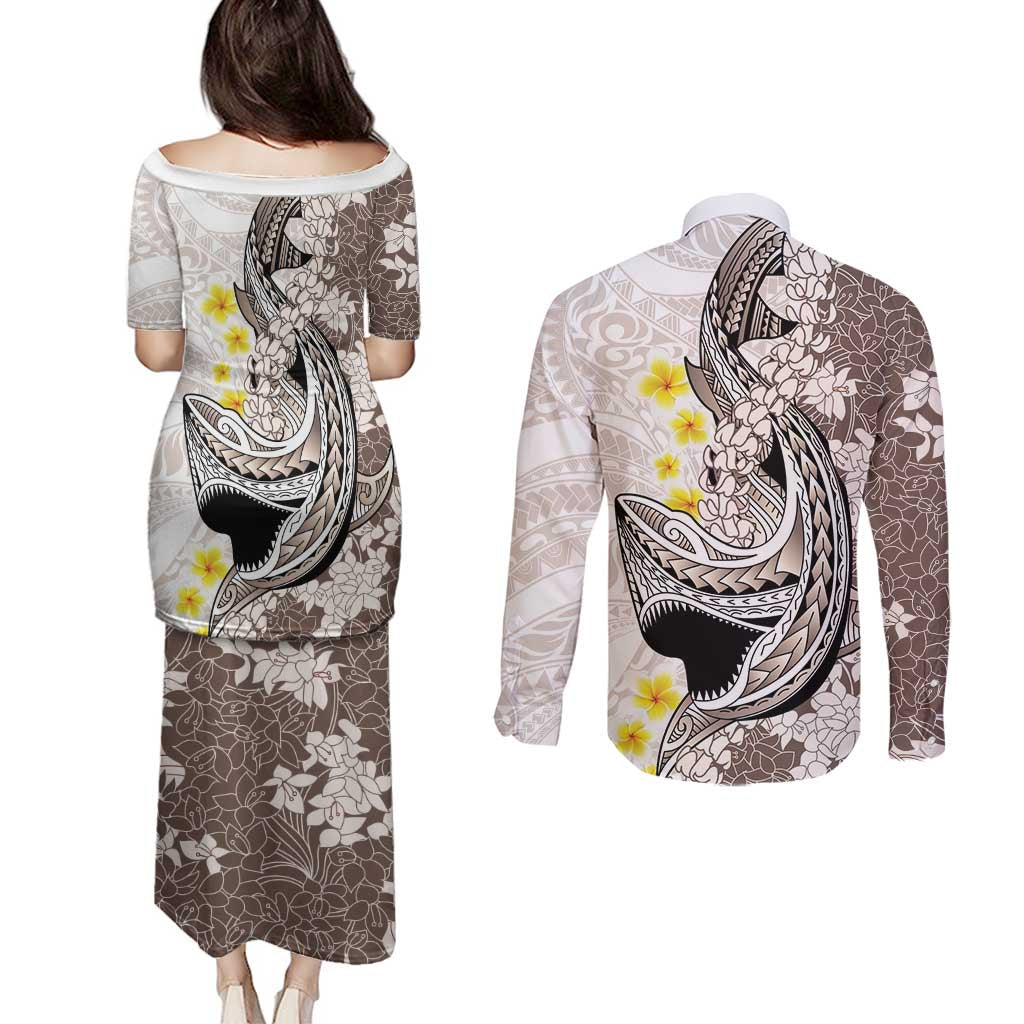 Brown and White Hawaii Shark Tattoo Couples Matching Puletasi and Long Sleeve Button Shirt Puakenikeni Lei Plumeria Polynesian Pattern LT14 - Polynesian Pride