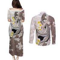 Brown and White Hawaii Shark Tattoo Couples Matching Puletasi and Long Sleeve Button Shirt Puakenikeni Lei Plumeria Polynesian Pattern LT14 - Polynesian Pride