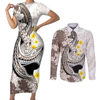 Brown and White Hawaii Shark Tattoo Couples Matching Short Sleeve Bodycon Dress and Long Sleeve Button Shirt Puakenikeni Lei Plumeria Polynesian Pattern LT14 White - Polynesian Pride
