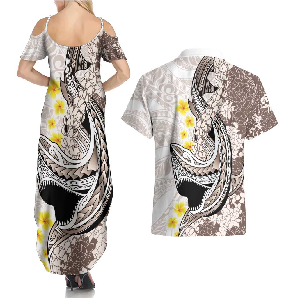 Brown and White Hawaii Shark Tattoo Couples Matching Summer Maxi Dress and Hawaiian Shirt Puakenikeni Lei Plumeria Polynesian Pattern LT14 - Polynesian Pride