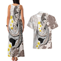 Brown and White Hawaii Shark Tattoo Couples Matching Tank Maxi Dress and Hawaiian Shirt Puakenikeni Lei Plumeria Polynesian Pattern LT14 - Polynesian Pride