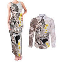 Brown and White Hawaii Shark Tattoo Couples Matching Tank Maxi Dress and Long Sleeve Button Shirt Puakenikeni Lei Plumeria Polynesian Pattern LT14 White - Polynesian Pride