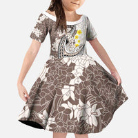 Brown and White Hawaii Shark Tattoo Family Matching Long Sleeve Bodycon Dress and Hawaiian Shirt Puakenikeni Lei Plumeria Polynesian Pattern LT14 Daughter's Dress White - Polynesian Pride
