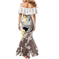 Brown and White Hawaii Shark Tattoo Family Matching Mermaid Dress and Hawaiian Shirt Puakenikeni Lei Plumeria Polynesian Pattern LT14 - Polynesian Pride