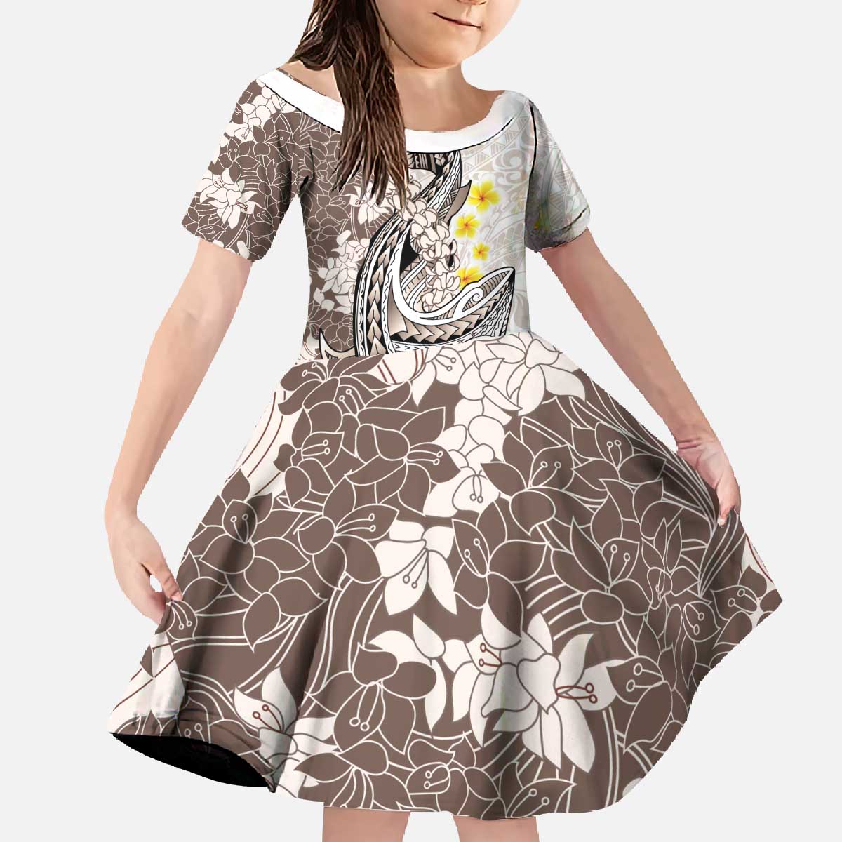 Brown and White Hawaii Shark Tattoo Family Matching Off The Shoulder Long Sleeve Dress and Hawaiian Shirt Puakenikeni Lei Plumeria Polynesian Pattern LT14 Daughter's Dress White - Polynesian Pride