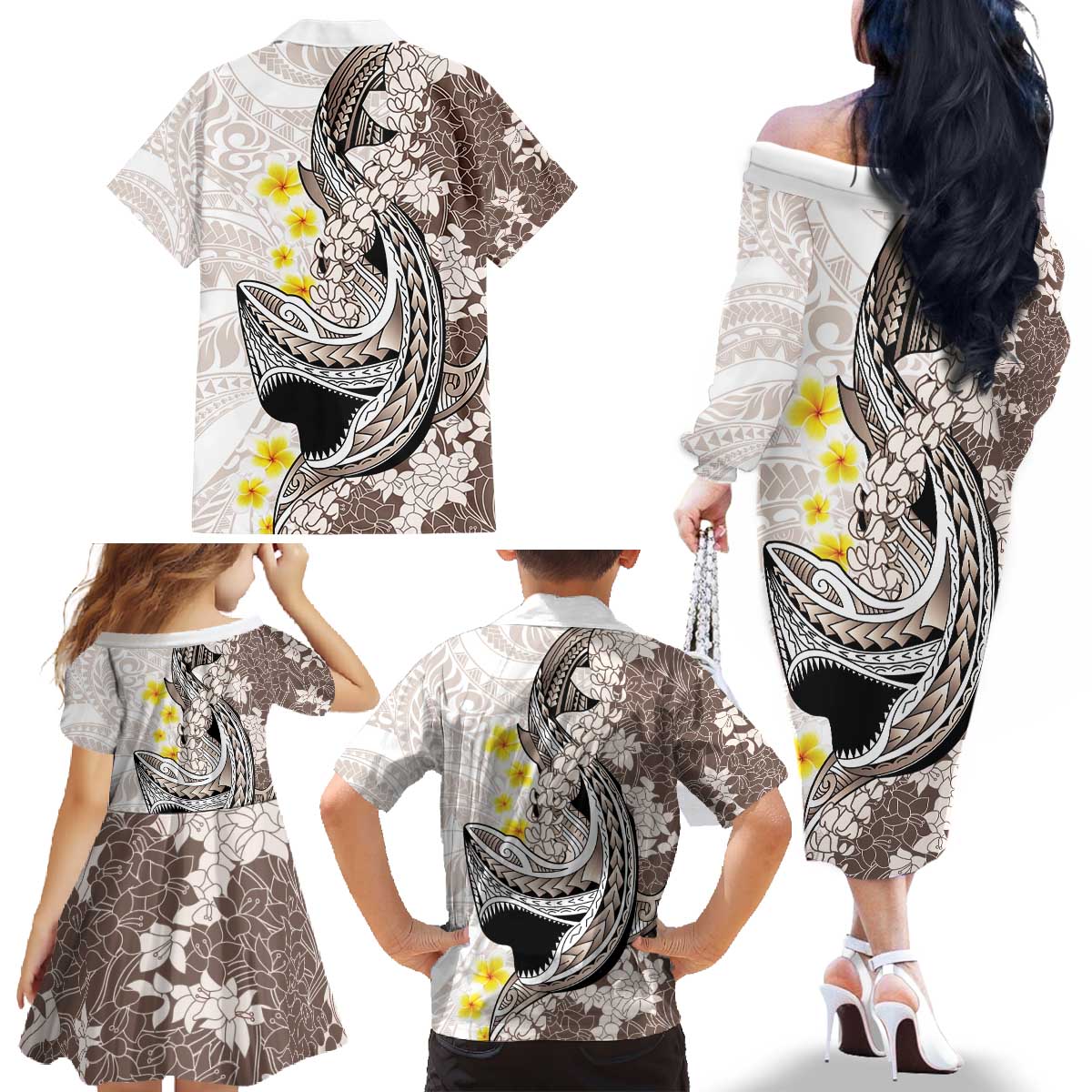 Brown and White Hawaii Shark Tattoo Family Matching Off The Shoulder Long Sleeve Dress and Hawaiian Shirt Puakenikeni Lei Plumeria Polynesian Pattern LT14 - Polynesian Pride