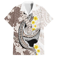 Brown and White Hawaii Shark Tattoo Family Matching Off The Shoulder Long Sleeve Dress and Hawaiian Shirt Puakenikeni Lei Plumeria Polynesian Pattern LT14 Dad's Shirt - Short Sleeve White - Polynesian Pride