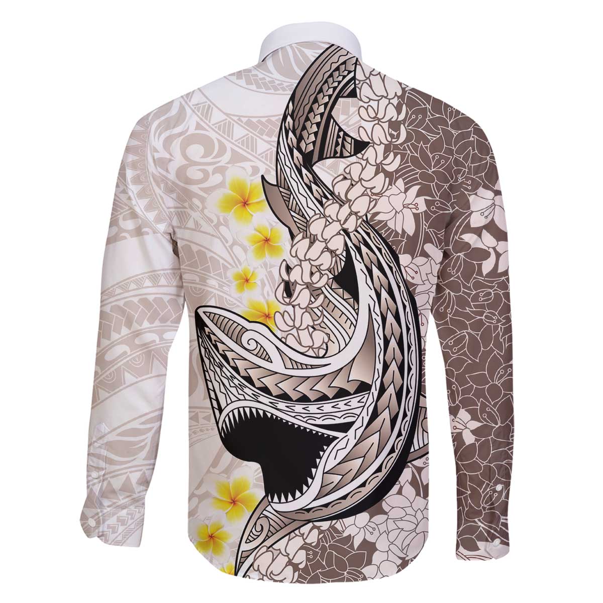 Brown and White Hawaii Shark Tattoo Family Matching Off The Shoulder Long Sleeve Dress and Hawaiian Shirt Puakenikeni Lei Plumeria Polynesian Pattern LT14 - Polynesian Pride