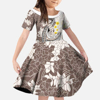 Brown and White Hawaii Shark Tattoo Family Matching Off Shoulder Maxi Dress and Hawaiian Shirt Puakenikeni Lei Plumeria Polynesian Pattern LT14 Daughter's Dress White - Polynesian Pride