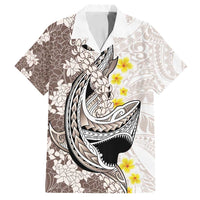 Brown and White Hawaii Shark Tattoo Family Matching Off Shoulder Maxi Dress and Hawaiian Shirt Puakenikeni Lei Plumeria Polynesian Pattern LT14 Dad's Shirt - Short Sleeve White - Polynesian Pride