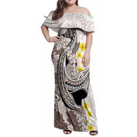 Brown and White Hawaii Shark Tattoo Family Matching Off Shoulder Maxi Dress and Hawaiian Shirt Puakenikeni Lei Plumeria Polynesian Pattern LT14 Mom's Dress White - Polynesian Pride