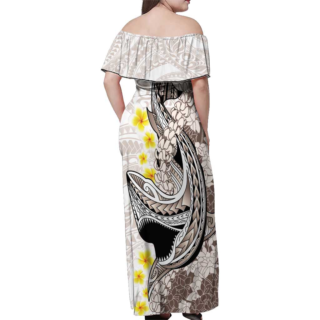 Brown and White Hawaii Shark Tattoo Family Matching Off Shoulder Maxi Dress and Hawaiian Shirt Puakenikeni Lei Plumeria Polynesian Pattern LT14 - Polynesian Pride