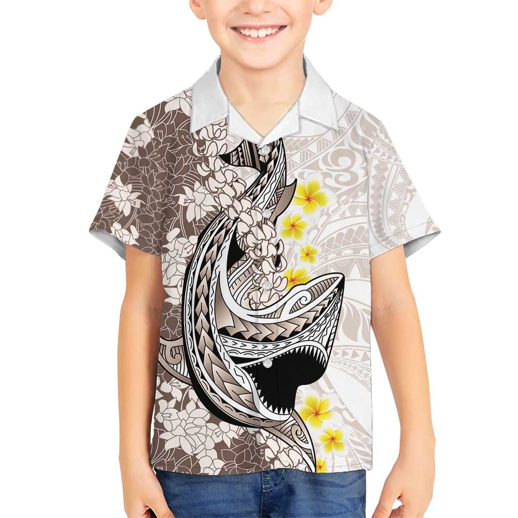 Brown and White Hawaii Shark Tattoo Family Matching Off Shoulder Maxi Dress and Hawaiian Shirt Puakenikeni Lei Plumeria Polynesian Pattern LT14 Son's Shirt White - Polynesian Pride