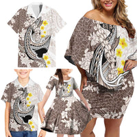 Brown and White Hawaii Shark Tattoo Family Matching Off Shoulder Short Dress and Hawaiian Shirt Puakenikeni Lei Plumeria Polynesian Pattern LT14 - Polynesian Pride