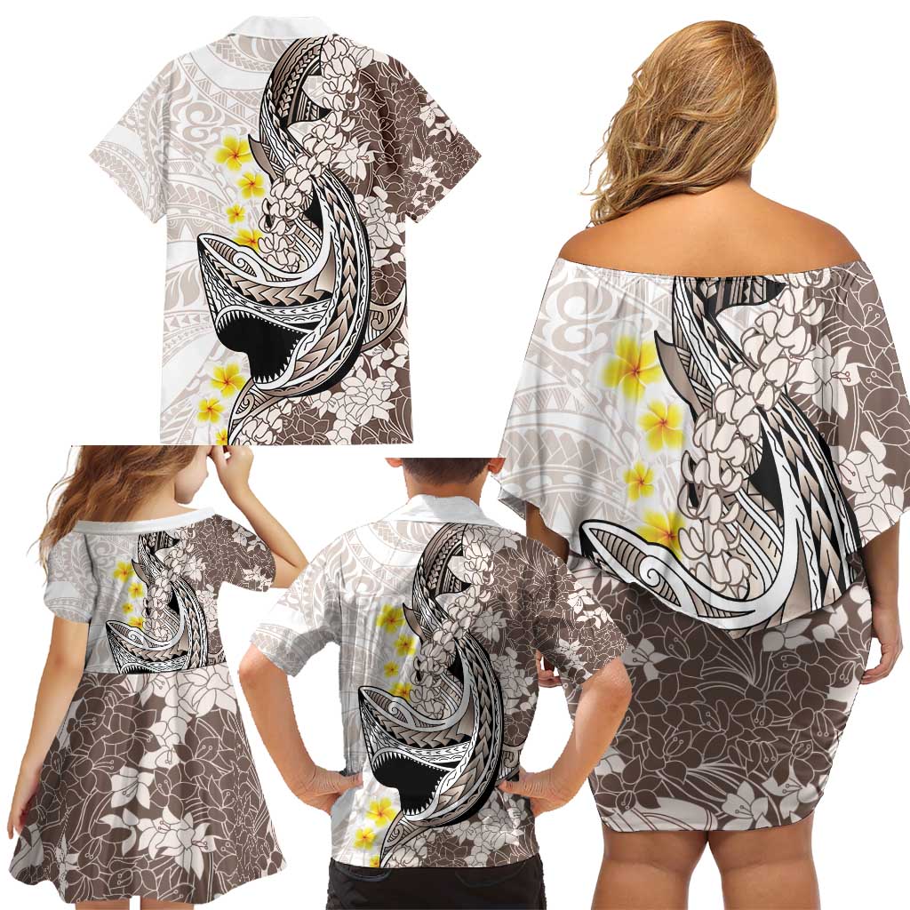 Brown and White Hawaii Shark Tattoo Family Matching Off Shoulder Short Dress and Hawaiian Shirt Puakenikeni Lei Plumeria Polynesian Pattern LT14 - Polynesian Pride