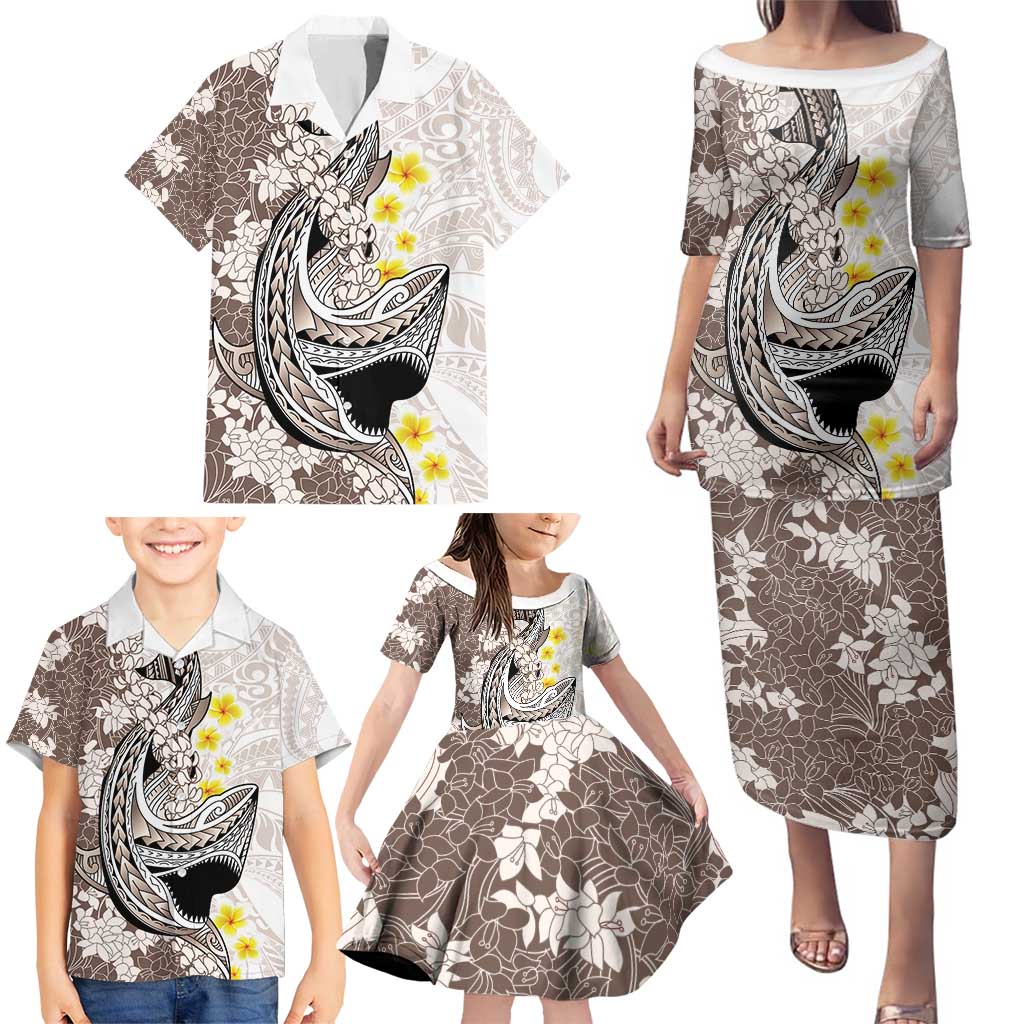 Brown and White Hawaii Shark Tattoo Family Matching Puletasi and Hawaiian Shirt Puakenikeni Lei Plumeria Polynesian Pattern LT14 - Polynesian Pride
